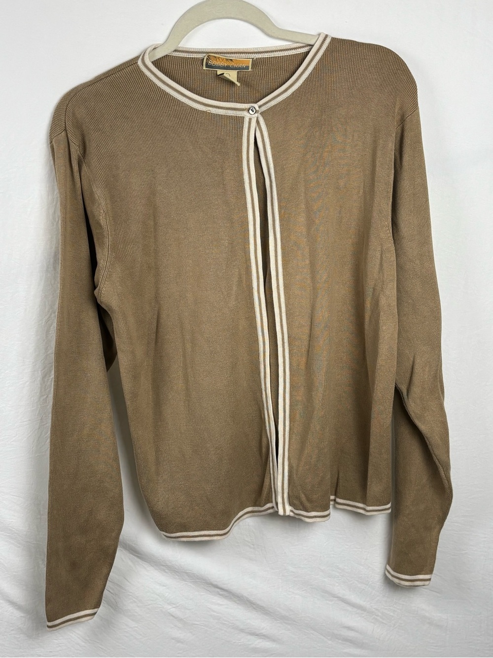Bobby Chan women’s XL silk blend Tan beige Cardigan with Cream Contrast Trim
